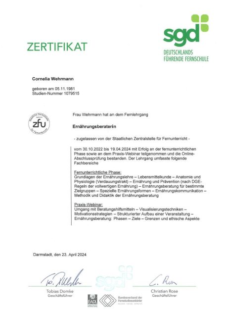 Zertifikat Ernährungsberatung